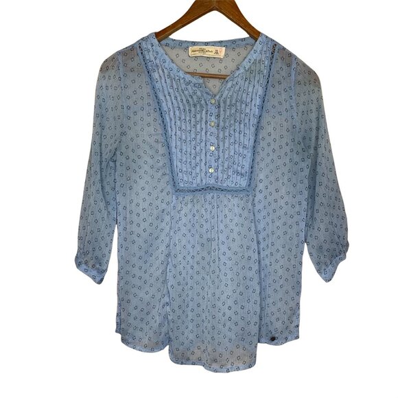 Abercrombie & Fitch Blouse Blue Sheer Mini Floral Print Shirt Womens Size XSmall - Picture 1 of 6